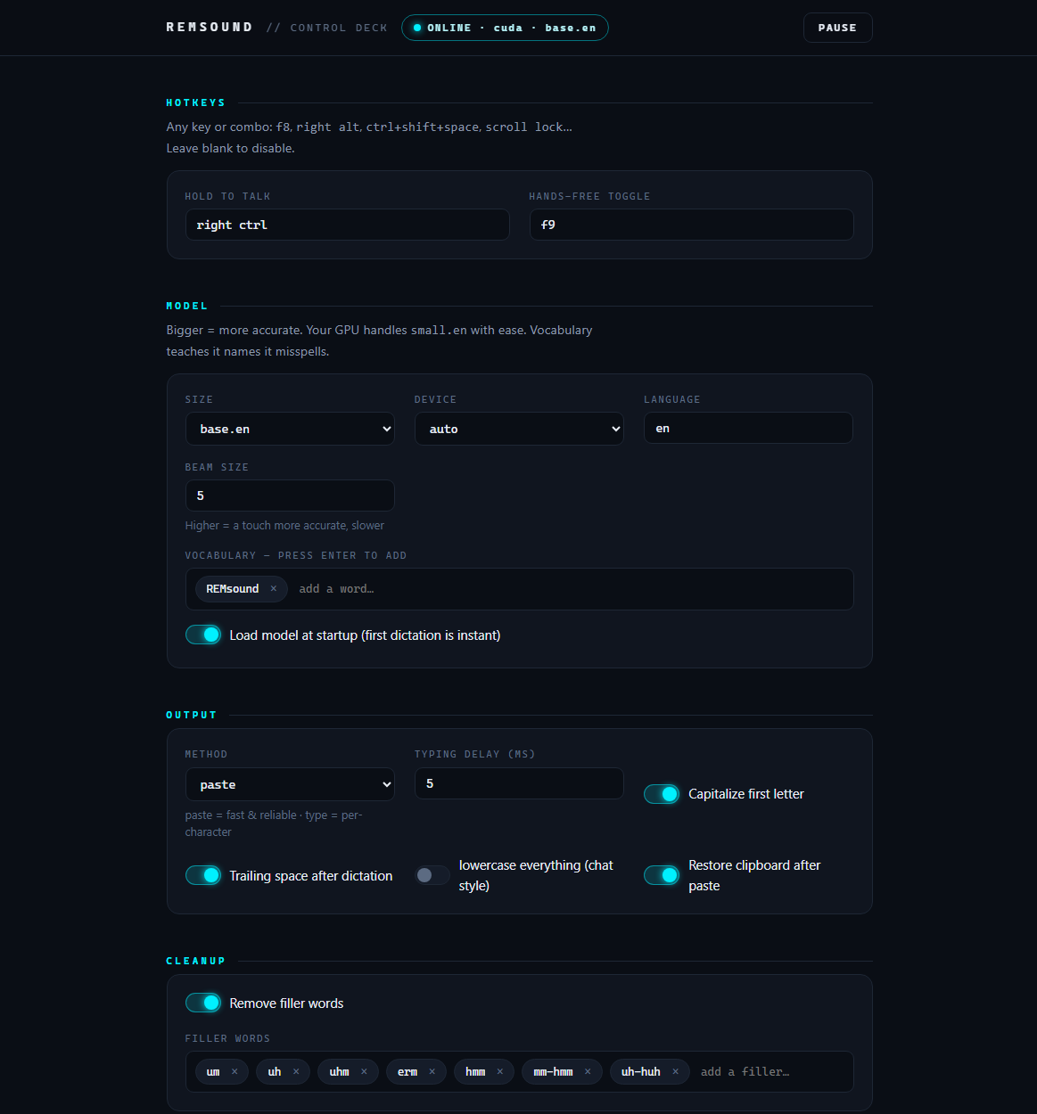 The REMsound Control Deck settings app
